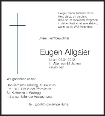 Anzeige von Eugen Allgaier von Schwäbische Zeitung