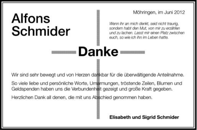  Traueranzeige für Alfons Schmider vom 20.06.2012 aus Schwäbische Zeitung
