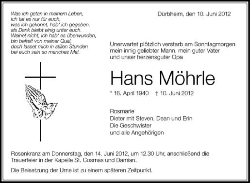  Traueranzeige für Hans Möhrle vom 12.06.2012 aus Schwäbische Zeitung
