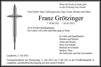Anzeige von Franz Grötzinger von Schwäbische Zeitung