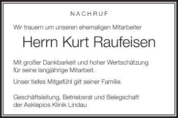 Anzeige von Kurt Raufeisen von Schwäbische Zeitung