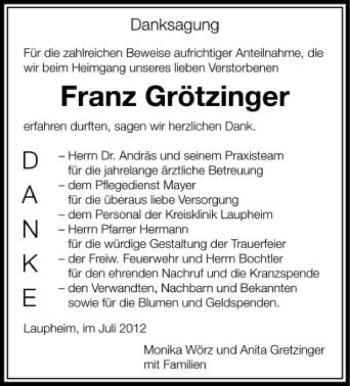 Anzeige von Franz Grötzinger von Schwäbische Zeitung
