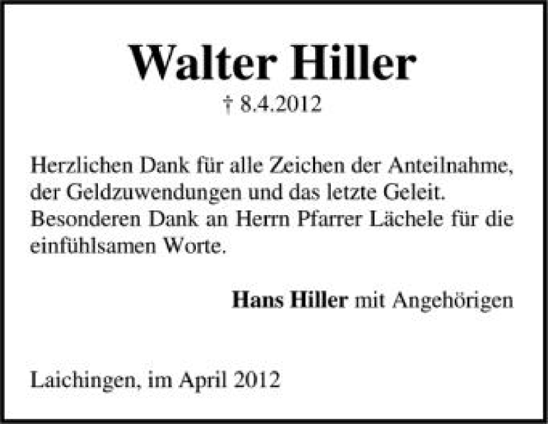  Traueranzeige für Walter Hiller vom 25.04.2012 aus Schwäbische Zeitung