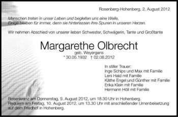 Anzeige von Margarethe Olbrecht von Schwäbische Zeitung