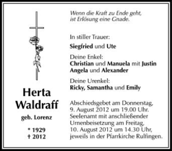 Anzeige von Herta Waldraff von Schwäbische Zeitung