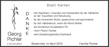 Anzeige von Georg Pichler von Schwäbische Zeitung