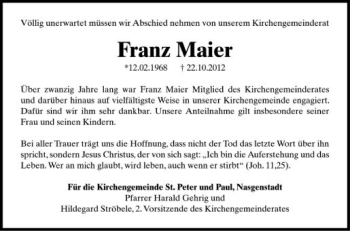 Anzeige von Franz Maier von Schwäbische Zeitung