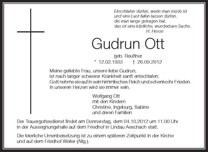  Traueranzeige für Gudrun Ott vom 29.09.2012 aus Schwäbische Zeitung