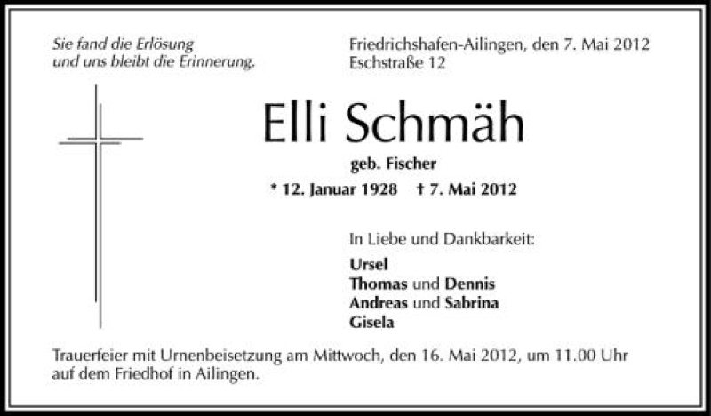  Traueranzeige für Elli Schmäh vom 15.05.2012 aus Schwäbische Zeitung