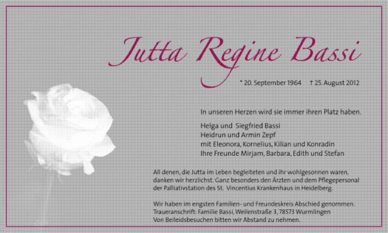  Traueranzeige für Jutta Regine Bassi vom 29.08.2012 aus Schwäbische Zeitung