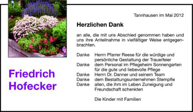  Traueranzeige für Friedrich Hofecker vom 05.05.2012 aus Schwäbische Zeitung