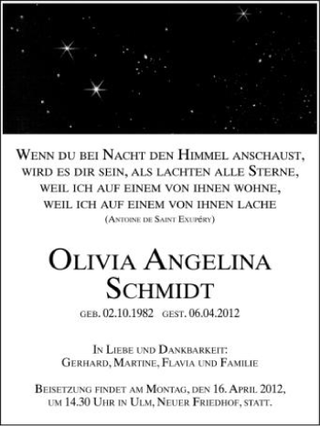 Anzeige von Olivia Angelina Schmidt von Schwäbische Zeitung