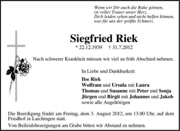 Anzeige von Siegfried Riek von Schwäbische Zeitung