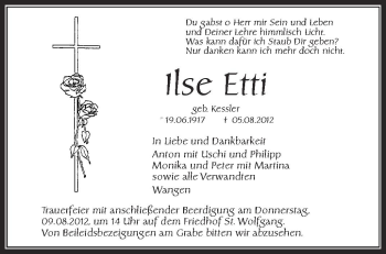 Anzeige von Ilse Etti von Schwäbische Zeitung