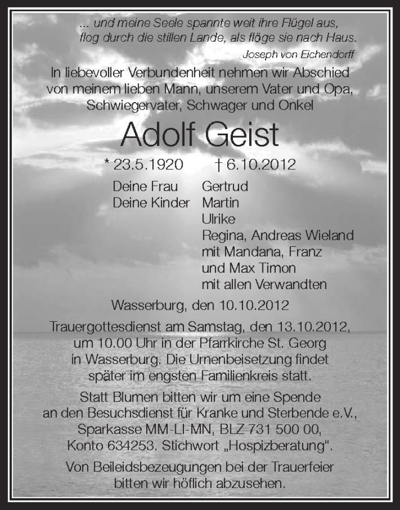  Traueranzeige für Adolf Geist vom 10.10.2012 aus Schwäbische Zeitung