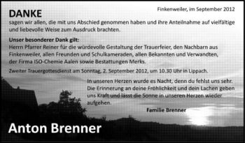 Anzeige von Anton Brenner von Schwäbische Zeitung