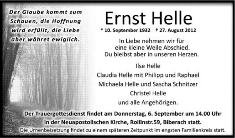  Traueranzeige für Ernst Helle vom 04.09.2012 aus Schwäbische Zeitung