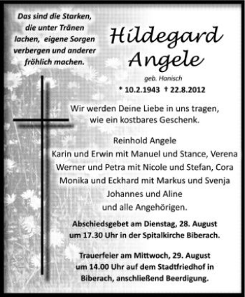 Anzeige von Hildegard Angela von Schwäbische Zeitung