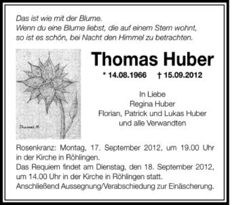  Traueranzeige für Thomas Huber vom 17.09.2012 aus Schwäbische Zeitung