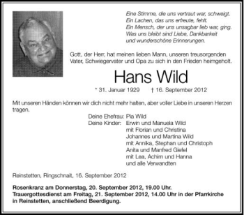Anzeige von Hans Wild von Schwäbische Zeitung