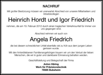 Anzeige von Heinrich Hordt von Schwäbische Zeitung