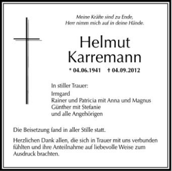 Anzeige von Helmut Karremann von Schwäbische Zeitung