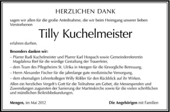 Anzeige von Tilly Kuchelmeister von Schwäbische Zeitung
