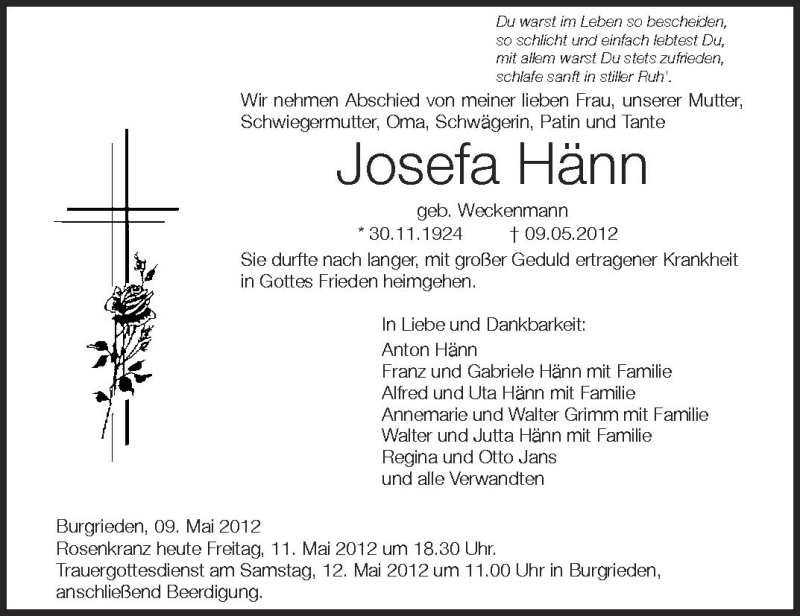  Traueranzeige für Josefa Hähn vom 11.05.2012 aus Schwäbische Zeitung