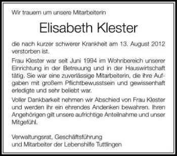 Anzeige von Elisabeth Klester von Schwäbische Zeitung