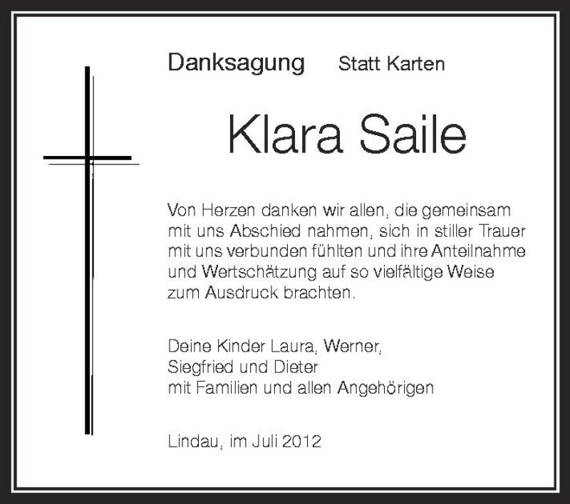  Traueranzeige für Klara Saile vom 04.07.2012 aus Schwäbische Zeitung