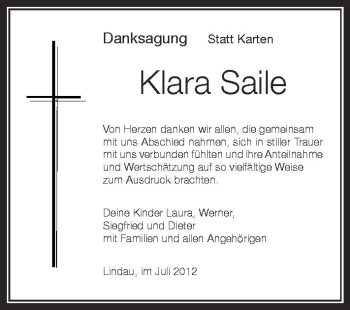 Anzeige von Klara Saile von Schwäbische Zeitung