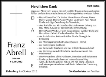 Anzeige von Franz Abrell von Schwäbische Zeitung
