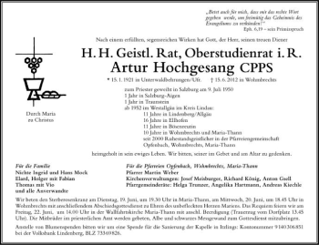 Anzeige von Artur Hochgesang von Schwäbische Zeitung