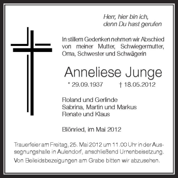 Anzeige von Anneliese Junge von Schwäbische Zeitung
