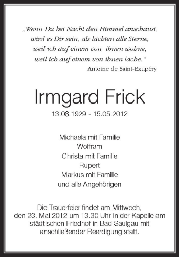 Anzeige von Irmgard Frick von Schwäbische Zeitung
