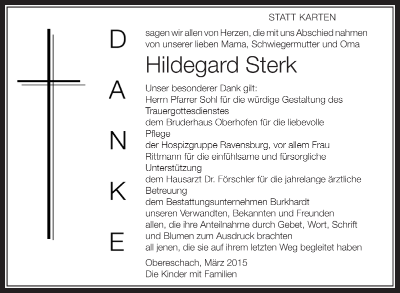  Traueranzeige für Hildegard Sterk vom 18.03.2015 aus Schwäbische Zeitung