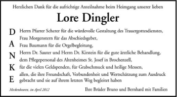 Anzeige von Lore Dingler von Schwäbische Zeitung