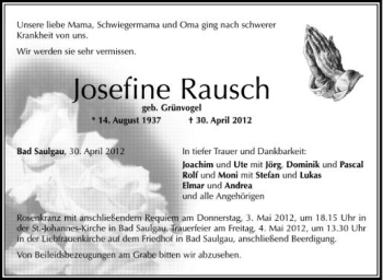 Anzeige von Josefine Rausch von Schwäbische Zeitung
