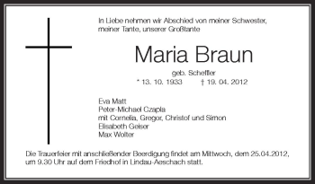 Anzeige von Maria Braun von Schwäbische Zeitung