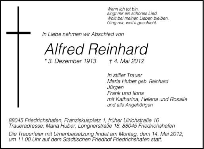  Traueranzeige für Alfred Reinhard vom 11.05.2012 aus Schwäbische Zeitung