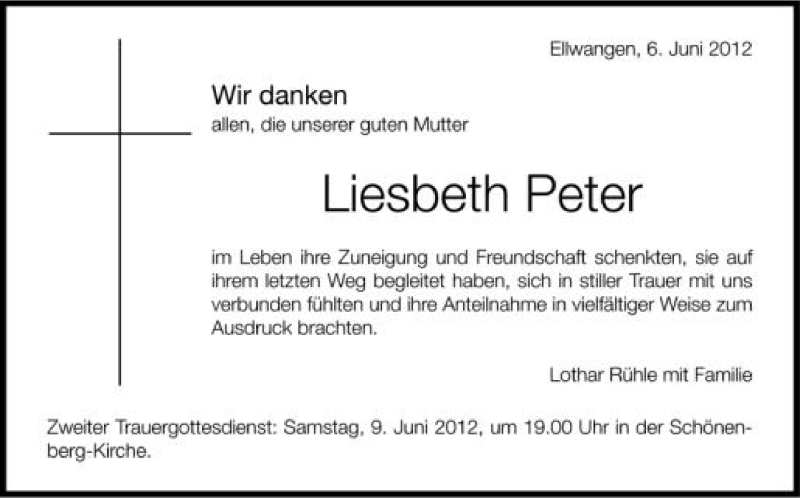  Traueranzeige für Liesbeth Peter vom 06.06.2012 aus Schwäbische Zeitung