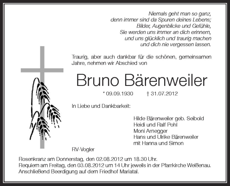  Traueranzeige für Bruno Bärenweiler vom 02.08.2012 aus Schwäbische Zeitung