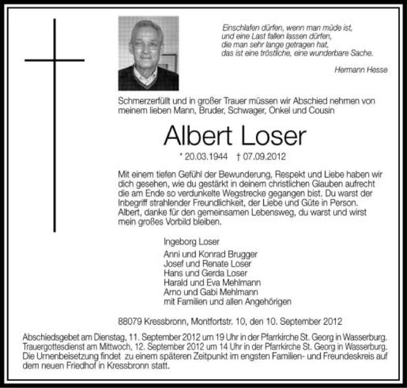  Traueranzeige für Albert Loser vom 10.09.2012 aus Schwäbische Zeitung