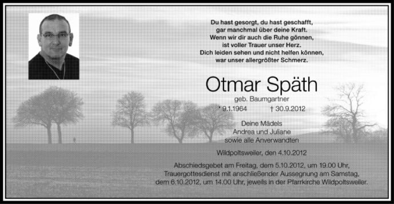  Traueranzeige für Otmar Späth vom 04.10.2012 aus Schwäbische Zeitung