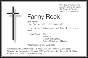 Anzeige von Fanny Reck von Schwäbische Zeitung