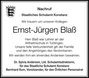 Anzeige von Ernst-Jürgen Blaß von Schwäbische Zeitung