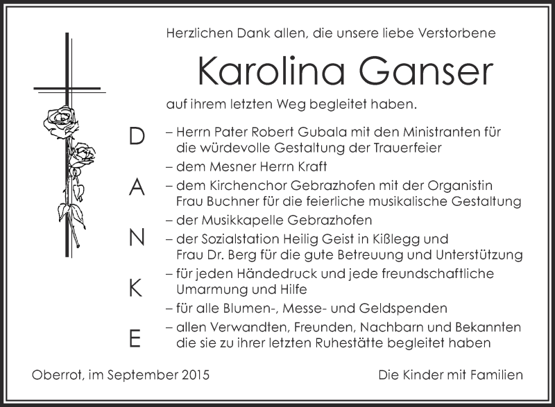 Traueranzeige für Karolina Ganser vom 05.09.2015 aus Schwäbische Zeitung
