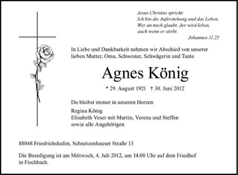  Traueranzeige für Agnes  König vom 03.07.2012 aus Schwäbische Zeitung