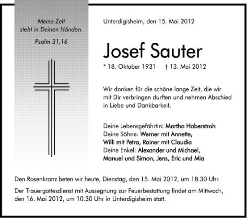  Traueranzeige für Josef Sauter vom 15.05.2012 aus Schwäbische Zeitung