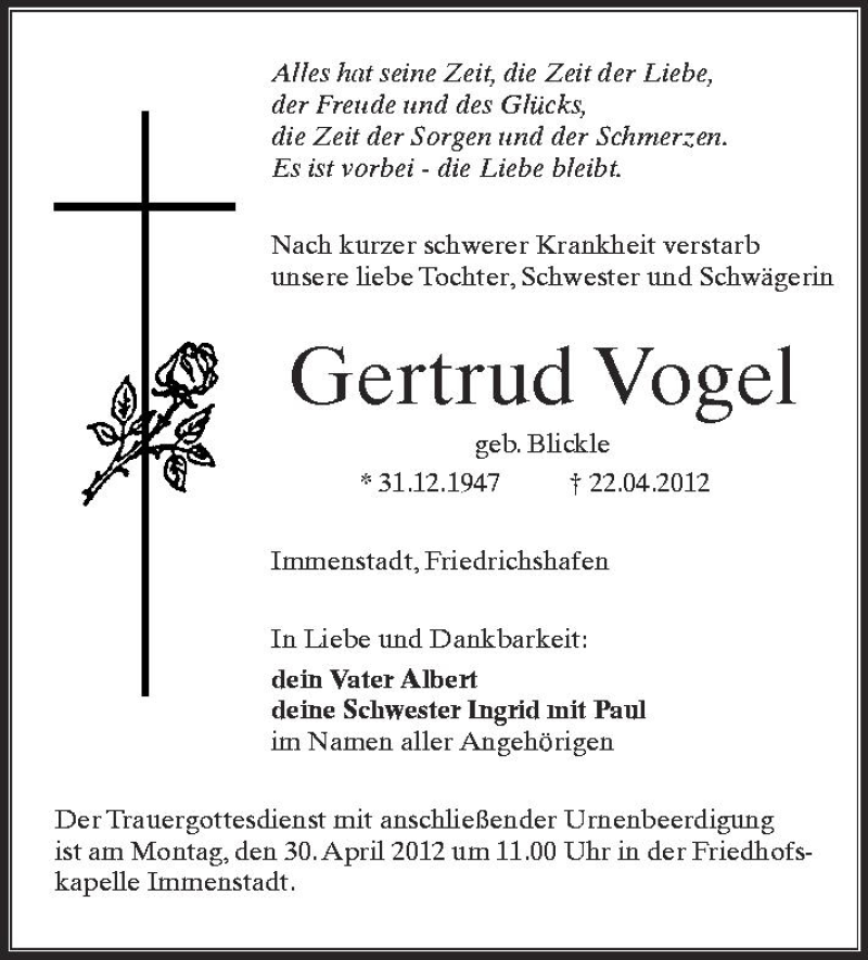  Traueranzeige für Gertrud Vogel vom 27.04.2012 aus Schwäbische Zeitung